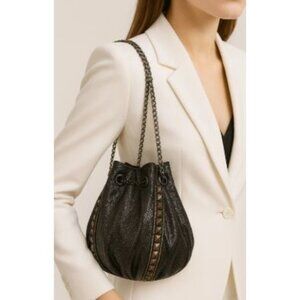 Imoshion 10"x 9" Studded Bucket Shoulder Chain Black Bag – Edgy Glam Rock Chic